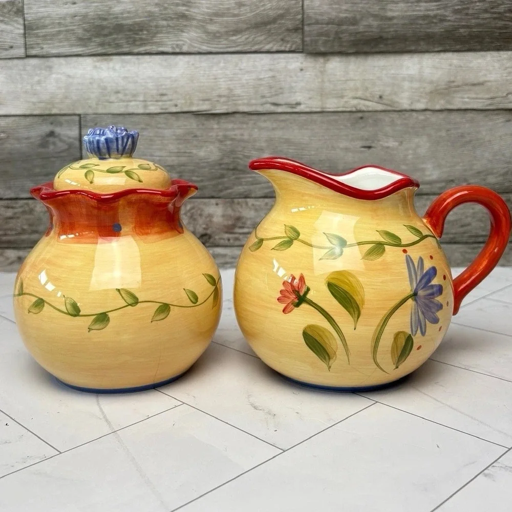 Pfaltzgraff Hand Painted Sugar Bowl With Lid And Creamer Napoli Pottery